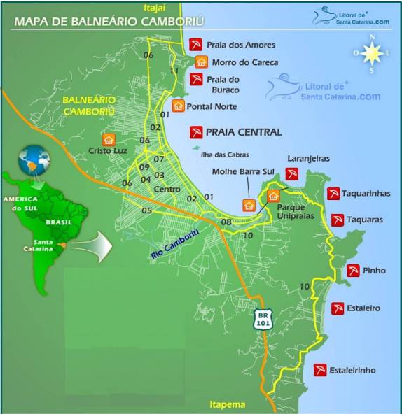 Mapa das praias de Balneário Camboriú, no litoral de Santa Catarina